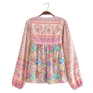 Floral Boho Print Top with Tie Neck main image 1